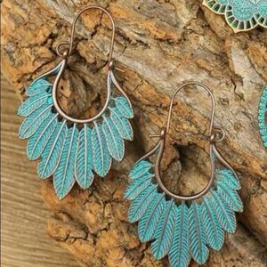 Turquoise Antique Boho Feather Drop Earrings